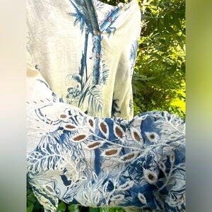 Johnny Was Blue and Cream Botanical Casual Linen Shirt